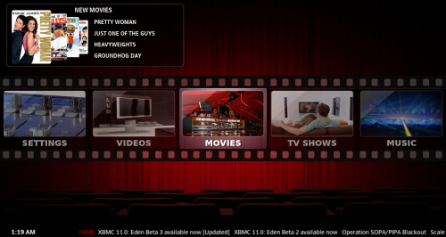 Back Row XBMC skin - showing latest movies added