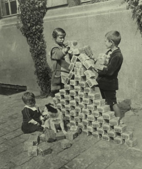 German Kids using inflationary money as blocks in 1923 - Bitcoin is supposed to be immune to this