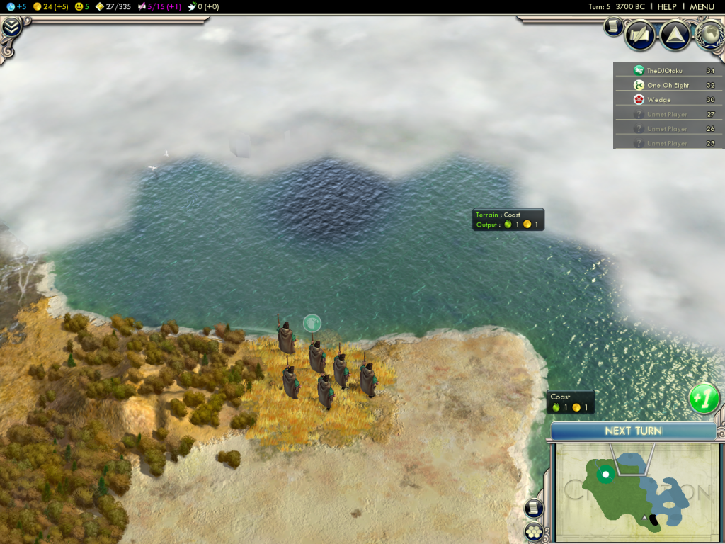 Civilization 5 - against Dan and Dave - Scouts reach the coast - 3700 BC
