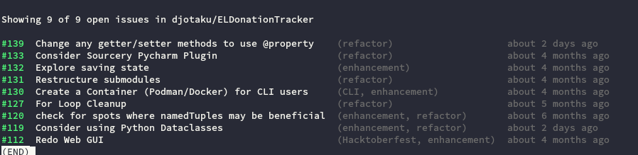 github cli interface showing open issues in ELDonationTracker