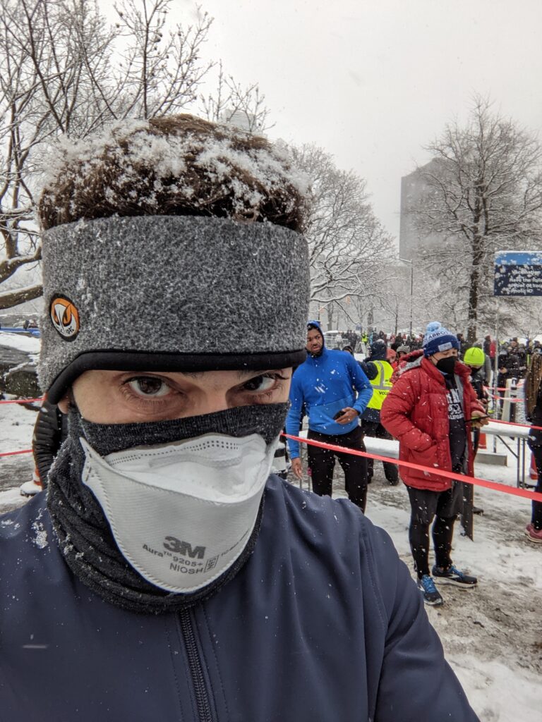 a self-portrait at the race with snow on my head