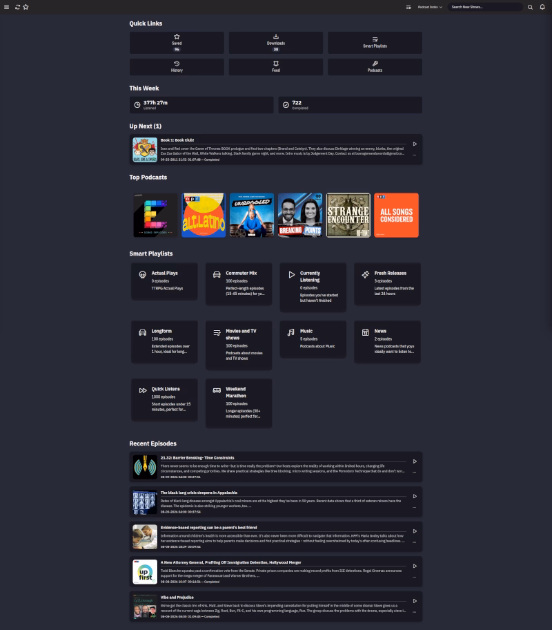The main page of Pinepods on the computer. Ignore the crazy amount of hours listened - a lot of that comes from marking old episodes as listened.