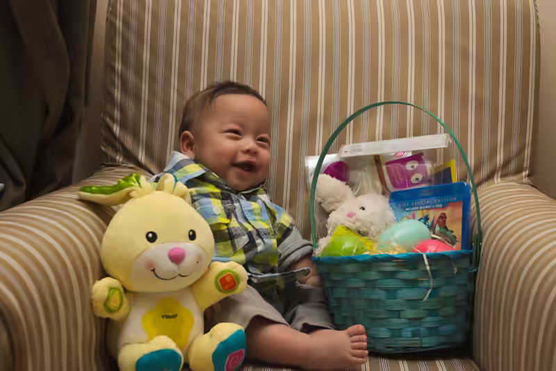 Sam laughs with Easter joy!