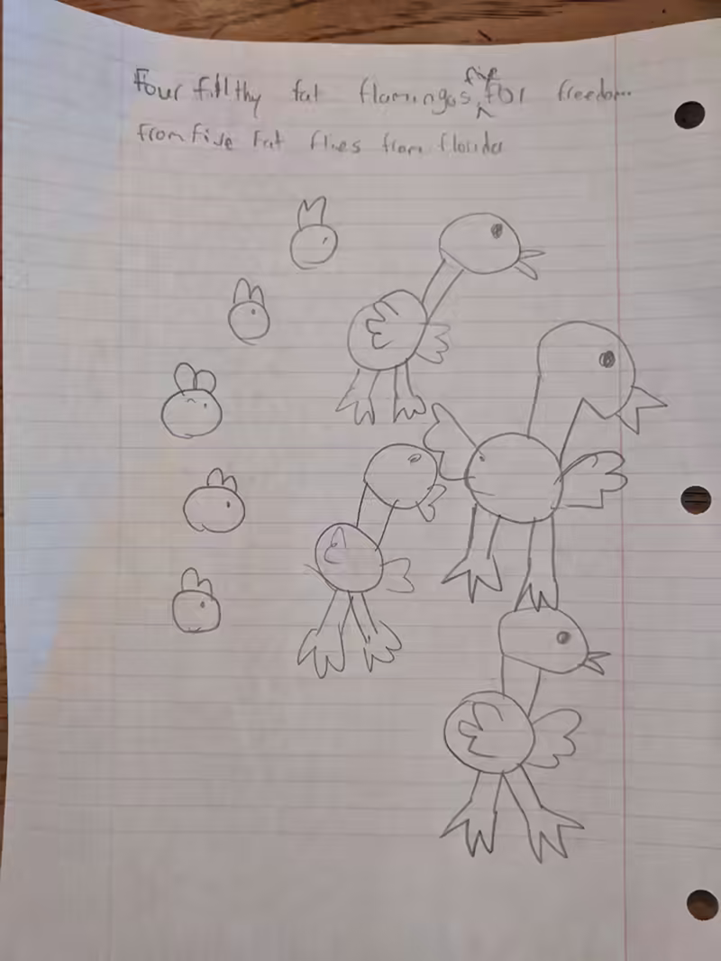 text: Four filthy fat flamingos fly for freedom from five fat flies from Florida. image: flies chasing flamingoes