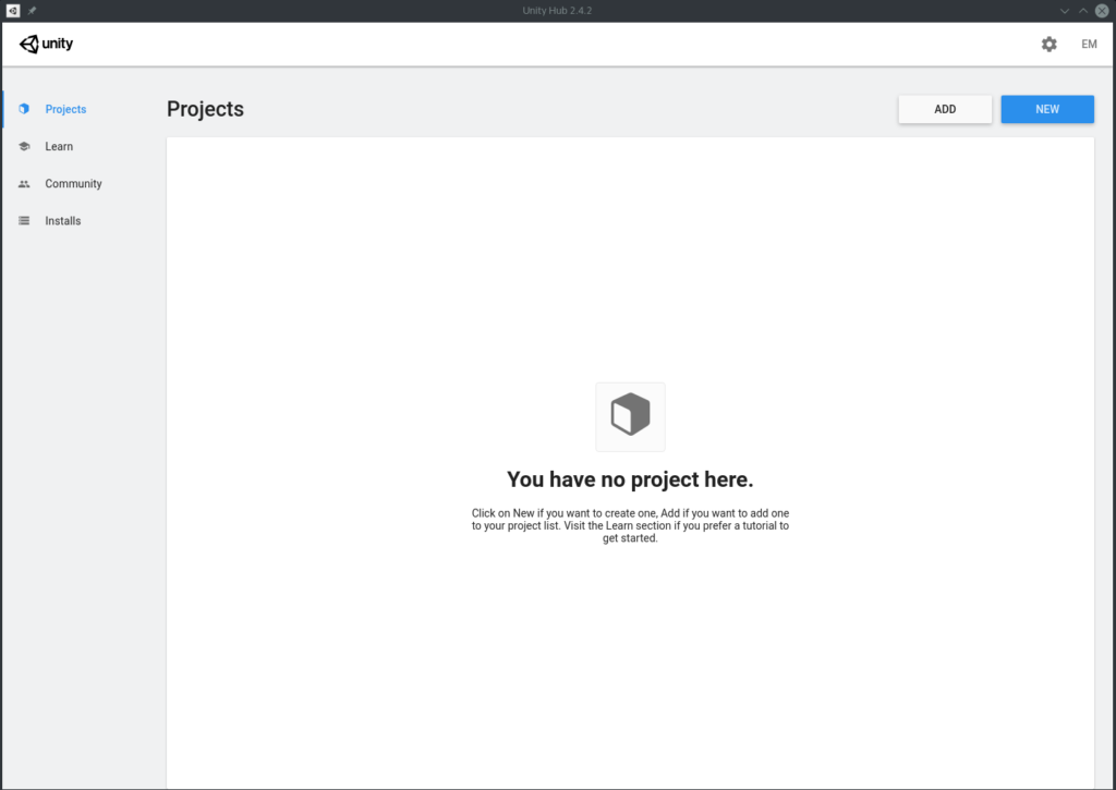 Unity Hub without any projects