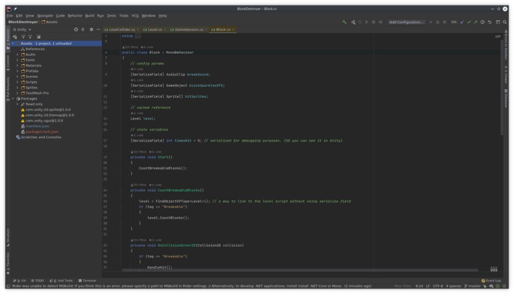JetBrains Rider with Block Destroyer code loaded