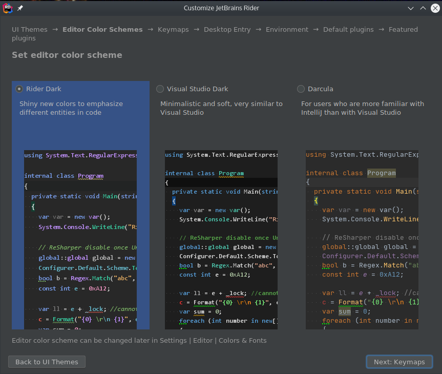 JetBrains Rider Color Theme Selection