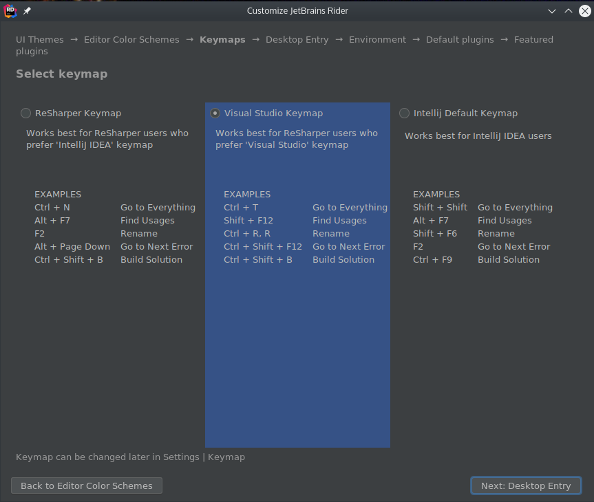 JetBrains Rider Keymap Selection