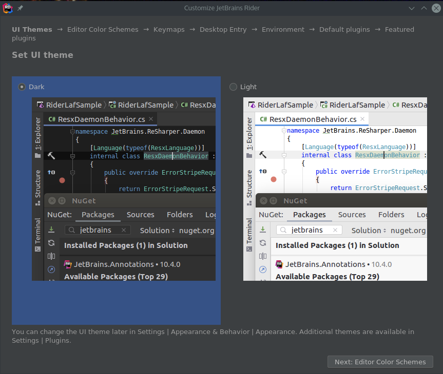 JetBrains Rider UI Theme Selection