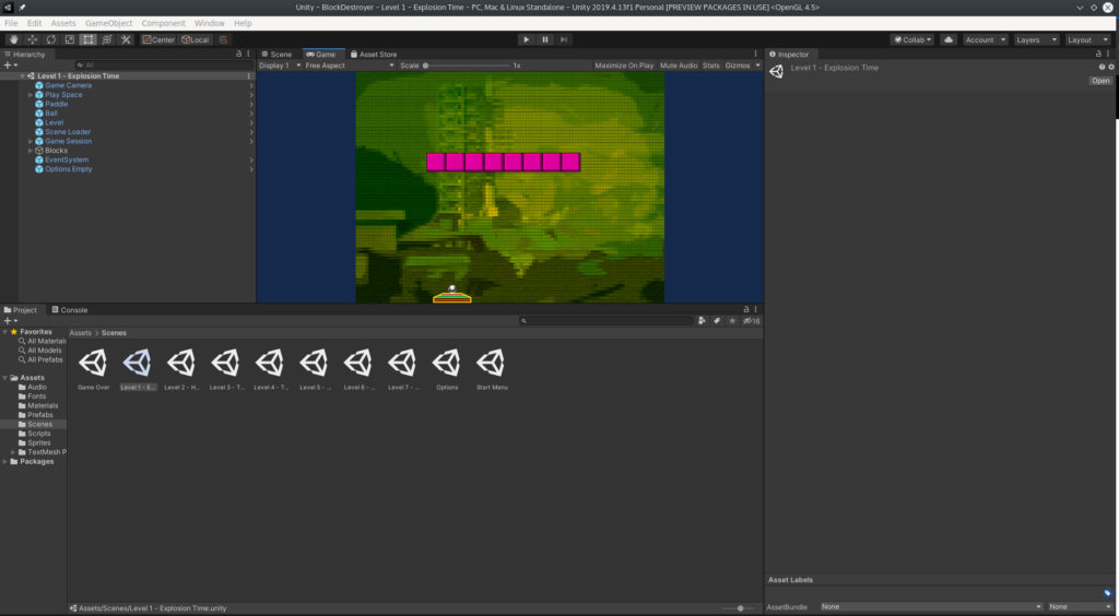 Unity Hub with my Block Destroyer game open