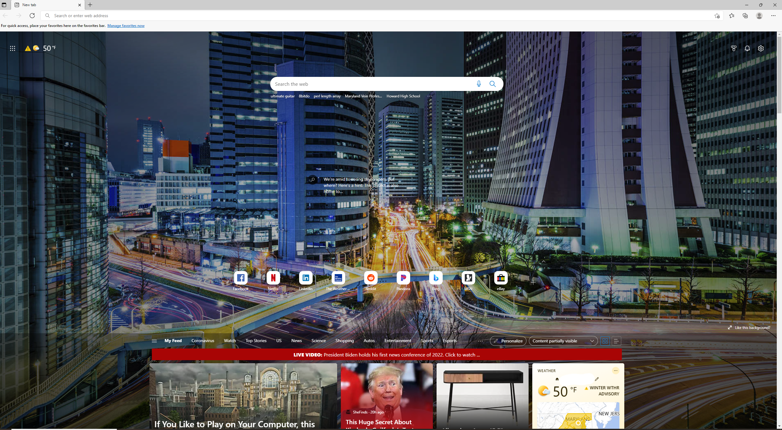 Microsoft Edge upon startup - default, inspirational setting