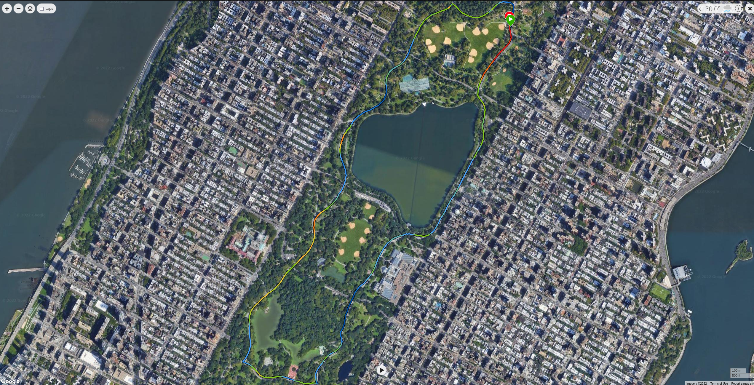 NYRR Gridiron  4M GPS overlay on sat map