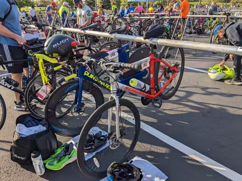 my bike hanging at the transition area