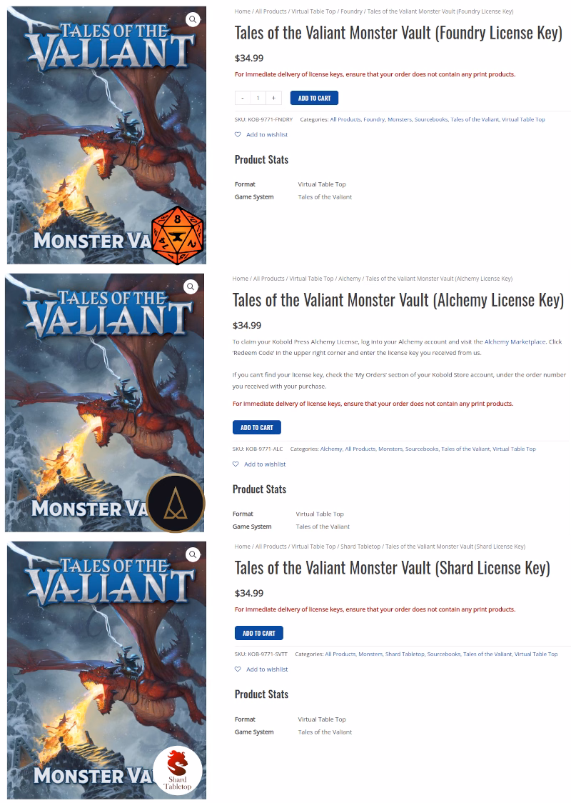 A screenshot showing the same product for sale for many different VTTs