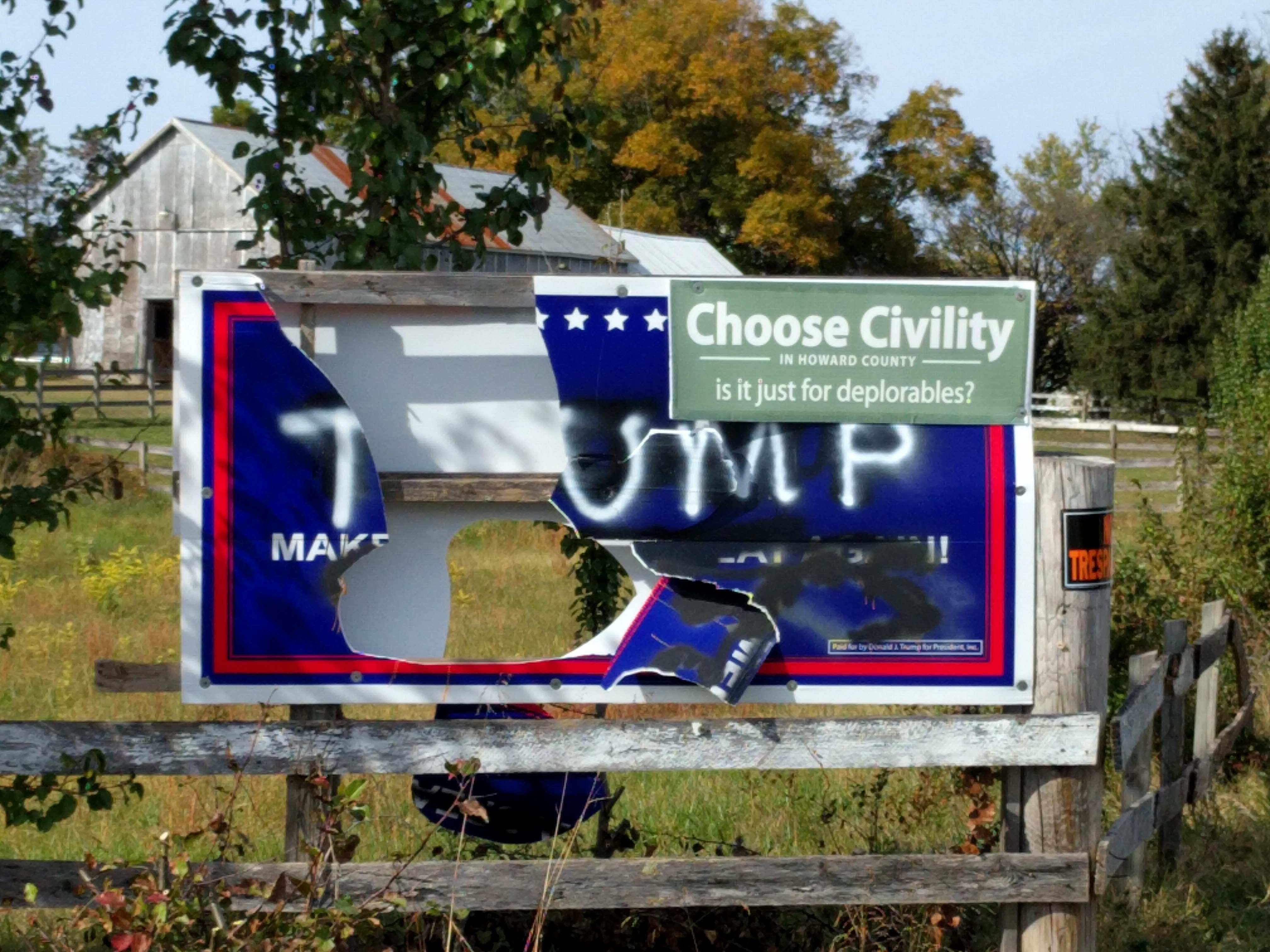 Defaced Trump sign and "Choose Civility" sticker