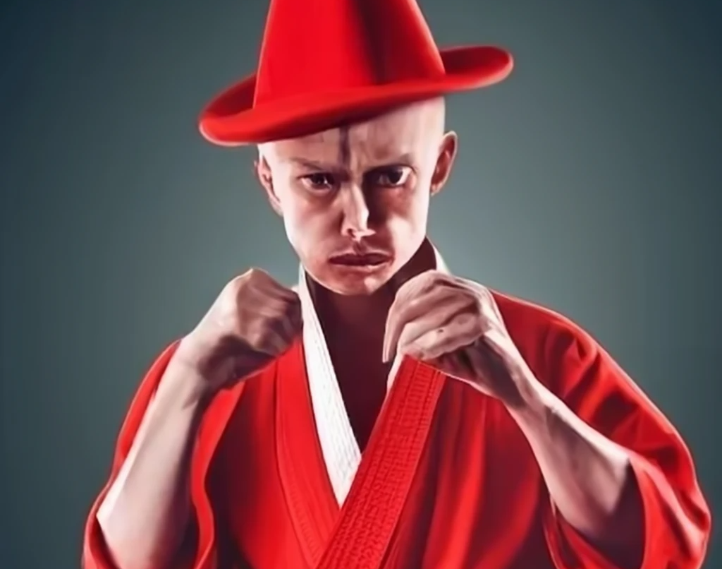 a man in a red fedora wearing a karate uniform